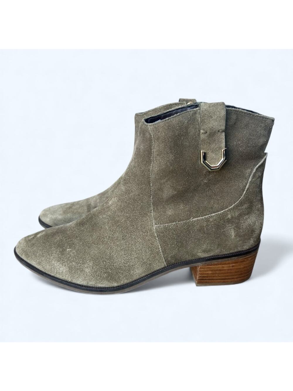Cole Haan Maci Suede Ankle Boots Olive Green Block Heel Women's 8 Chic Minimal